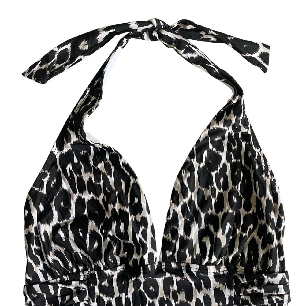Calvin Klein Leopard Print Halter One Piece Swimsuit Ruched Side Panels - Picture 5 of 8